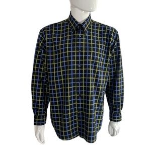 Alan Flusser Men’s Blue & Green Grid Plaid Long Sleeve Dress Shirt